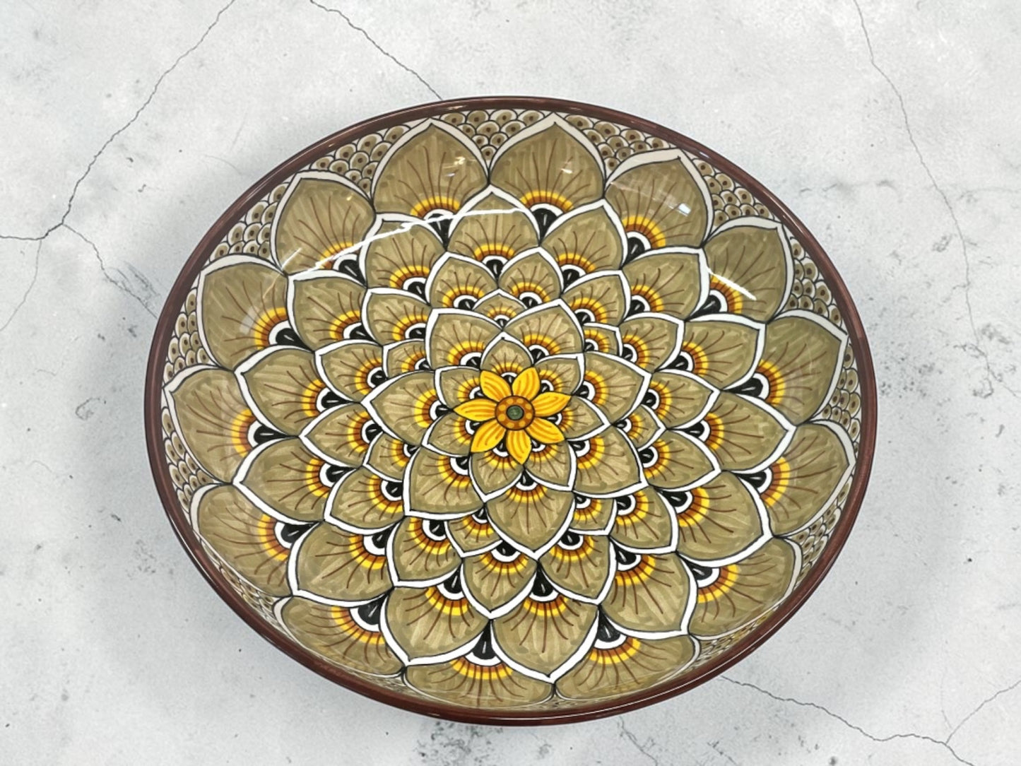 Peacock Feathers Majolica Low Bowl, AVX-030– 30x6cm (12” x 2.5”) – One of a Kind – Handmade in Deruta, Italy (Pre-Order)