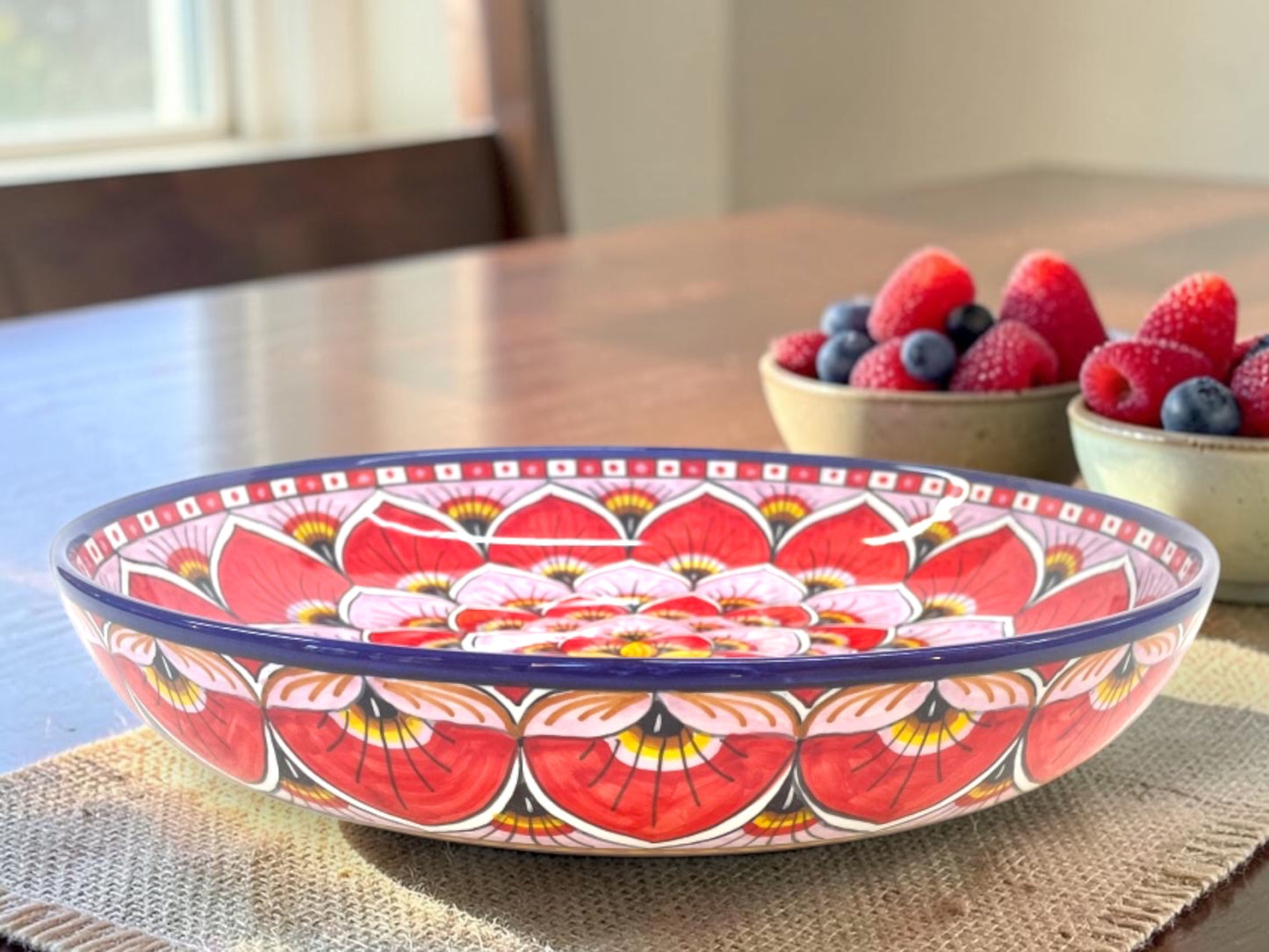 Peacock Feathers Majolica Low Bowl, AVX-028– 30x6cm (12” x 2.5”) – One of a Kind – Handmade in Deruta, Italy (Pre-Order)