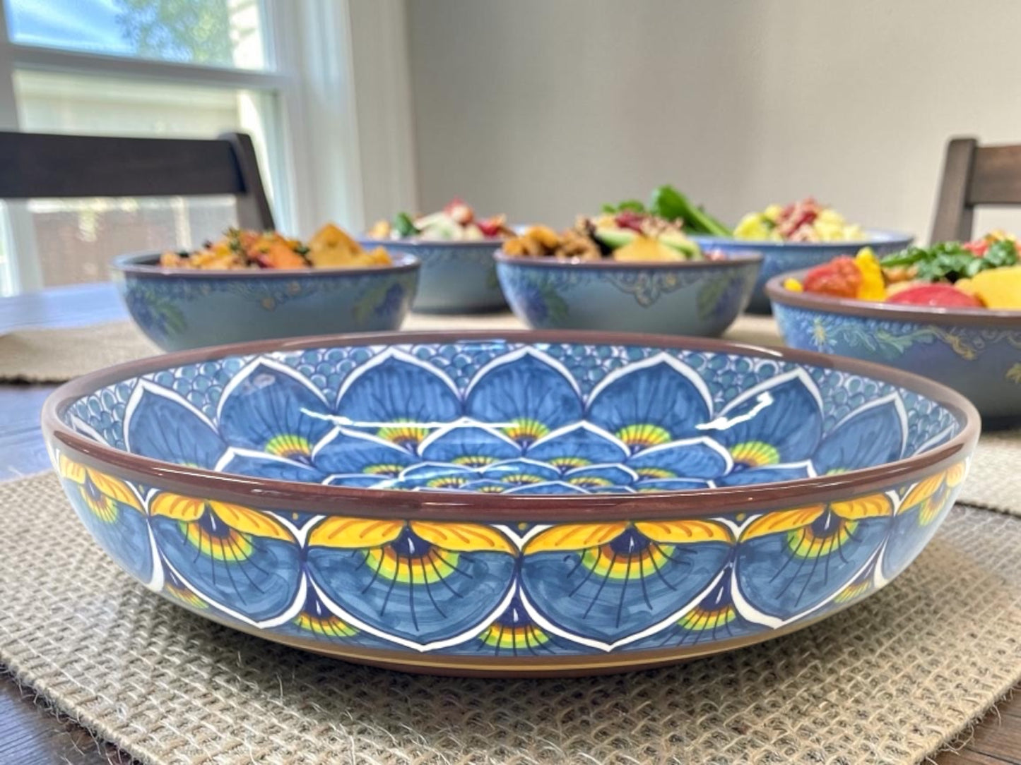 Peacock Feathers Majolica Low Bowl, AVX-031– 30x6cm (12” x 2.5”) – One of a Kind – Handmade in Deruta, Italy (Pre-Order)