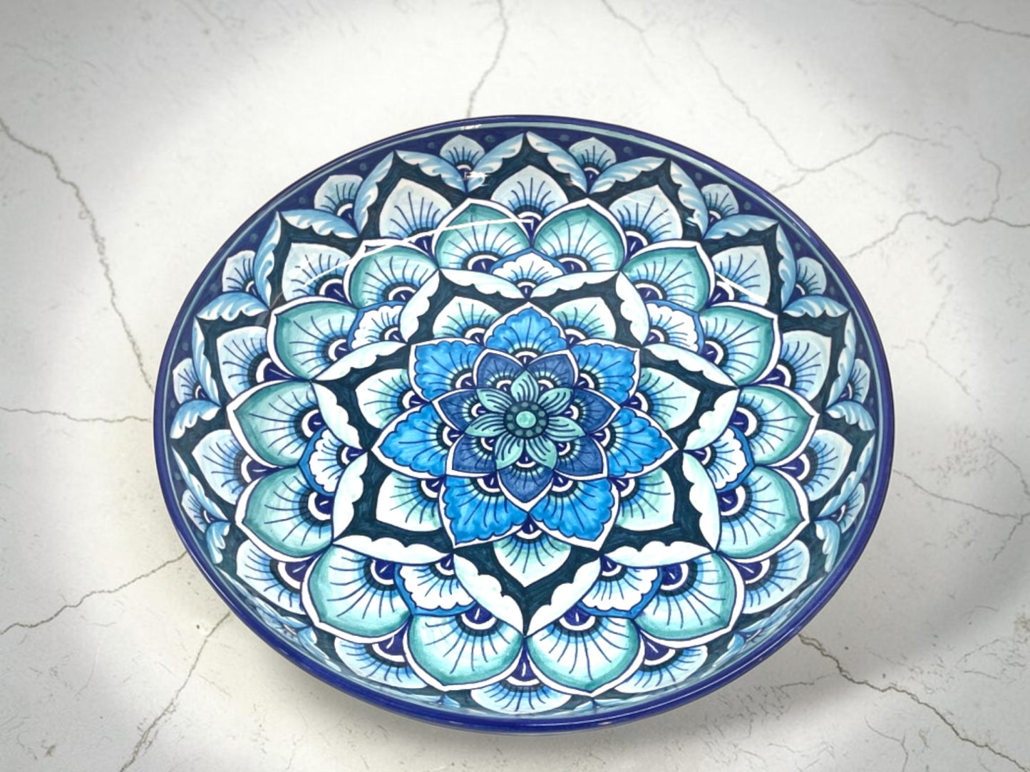 Peacock Feathers Majolica Low Bowl, AVX-027– 30x6cm (12” x 2.5”) – One of a Kind – Handmade in Deruta, Italy (Pre-Order)