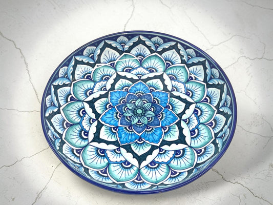 Peacock Feathers Majolica Low Bowl, AVX-027– 30x6cm (12” x 2.5”) – One of a Kind – Handmade in Deruta, Italy (Pre-Order)