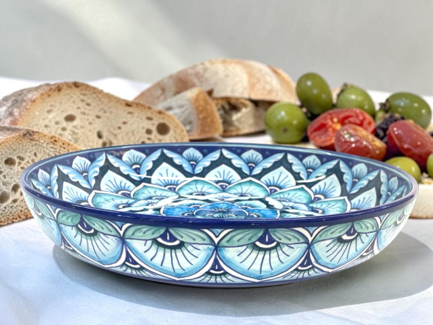 Peacock Feathers Majolica Low Bowl, AVX-027– 30x6cm (12” x 2.5”) – One of a Kind – Handmade in Deruta, Italy (Pre-Order)