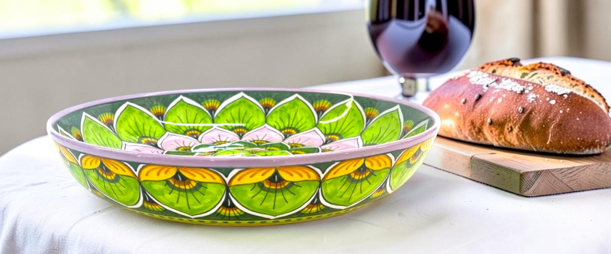 Peacock Feathers Majolica Low Bowl, AVX-026– 30x6cm (12” x 2.5”) – One of a Kind – Handmade in Deruta, Italy (Pre-Order)