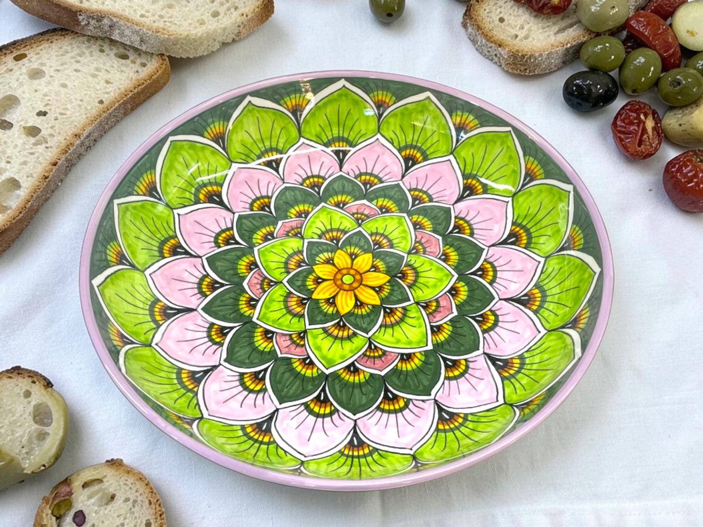 Peacock Feathers Majolica Low Bowl, AVX-026– 30x6cm (12” x 2.5”) – One of a Kind – Handmade in Deruta, Italy (Pre-Order)