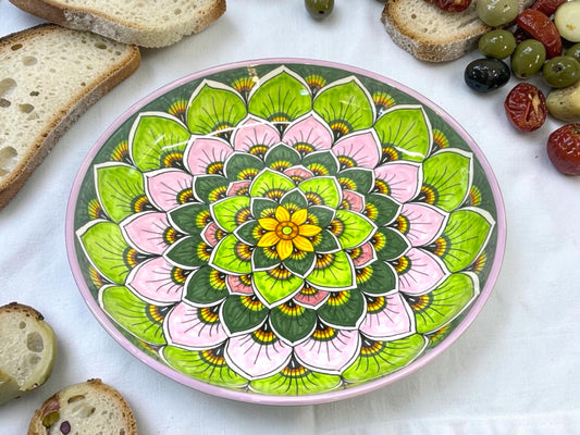 Peacock Feathers Majolica Low Bowl, AVX-026– 30x6cm (12” x 2.5”) – One of a Kind – Handmade in Deruta, Italy (Pre-Order)