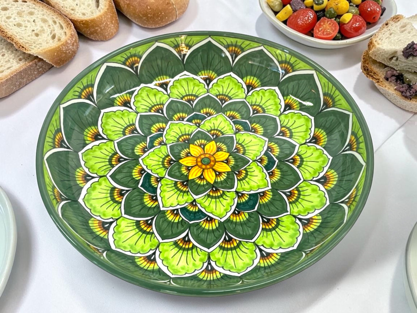 Peacock Feathers Majolica Low Bowl, AVX-029– 30x6cm (12” x 2.5”) – One of a Kind – Handmade in Deruta, Italy (Pre-Order)