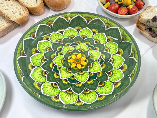 Peacock Feathers Majolica Low Bowl, AVX-029– 30x6cm (12” x 2.5”) – One of a Kind – Handmade in Deruta, Italy (Pre-Order)