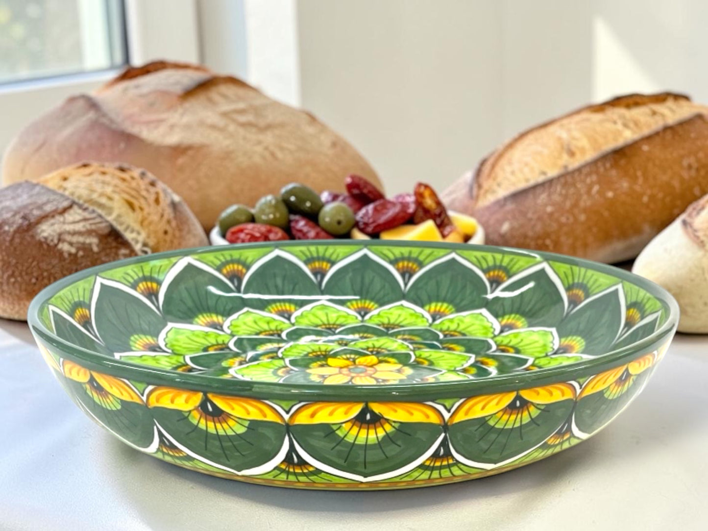 Peacock Feathers Majolica Low Bowl, AVX-029– 30x6cm (12” x 2.5”) – One of a Kind – Handmade in Deruta, Italy (Pre-Order)