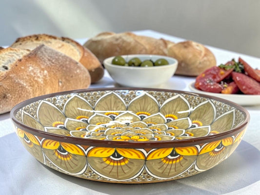 Peacock Feathers Majolica Low Bowl, AVX-030– 30x6cm (12” x 2.5”) – One of a Kind – Handmade in Deruta, Italy (Pre-Order)